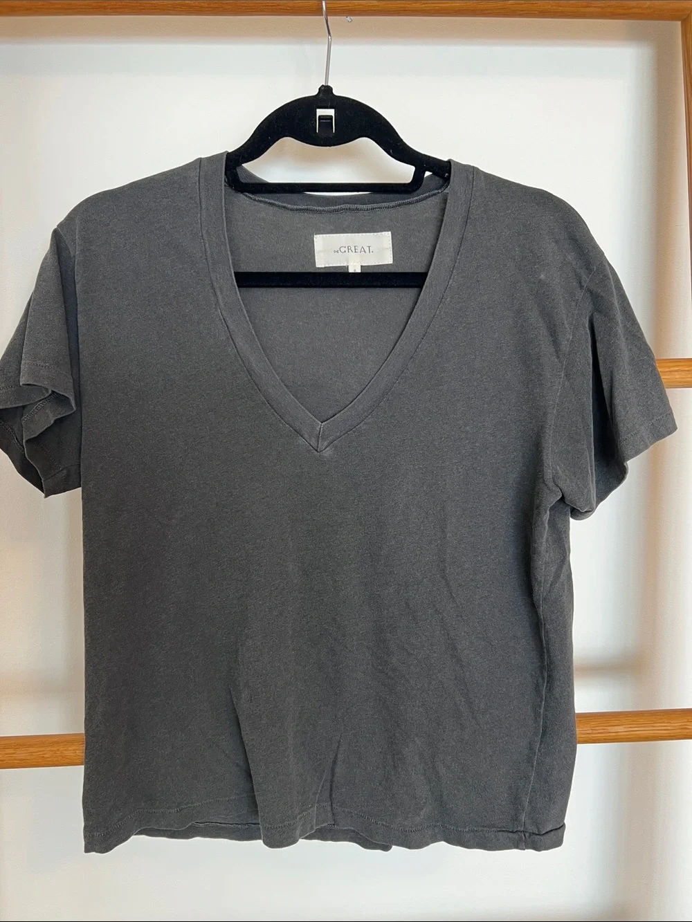 THE GREAT. Washed Charcoal Gray V-Neck Short Sleeve Tee